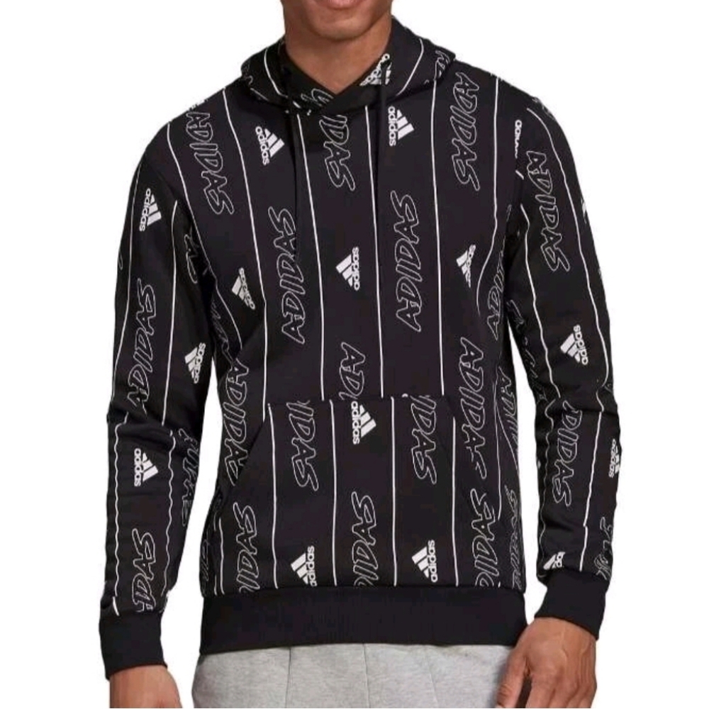 Adidas Hoodie Sweatshirt Adidas all over Prints Medium Blk Y2K Kangaroo Pocket